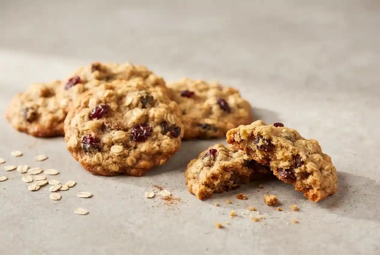 Chewy oatmeal cookies with melted chocolate chips