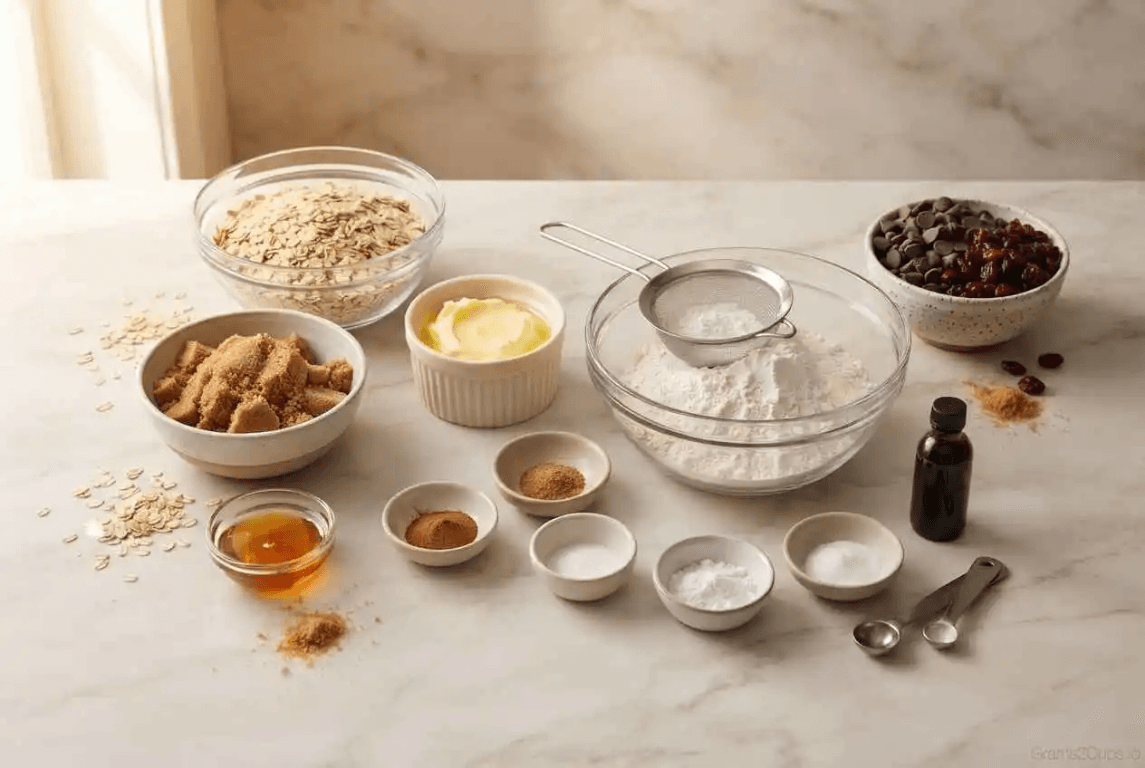 Ingredients for chewy oatmeal cookies, including rolled oats, brown sugar, butter, flour, honey, spices, and chocolate chips