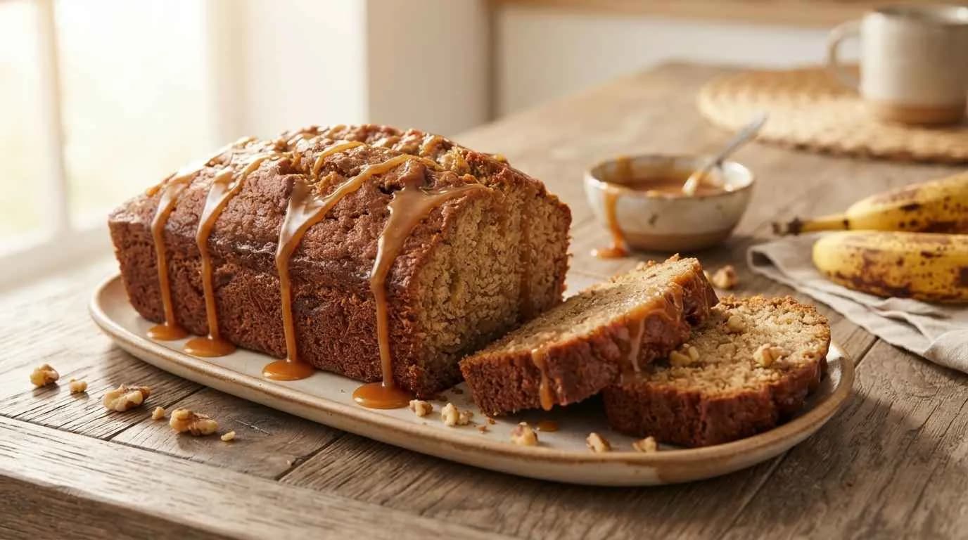 Freshly baked moist banana bread, ready to slice