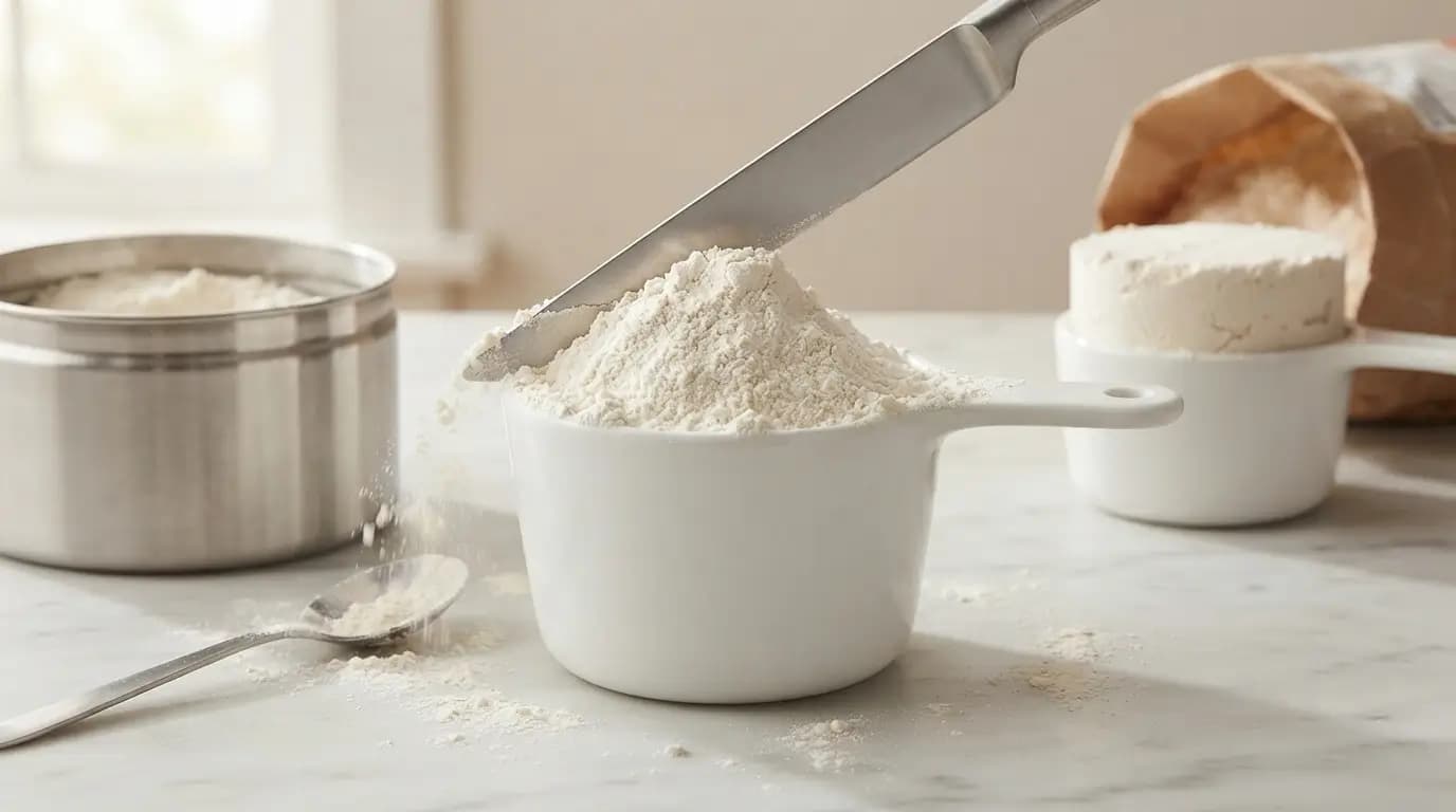 Flour being spooned into a measuring cup and leveled with a knife